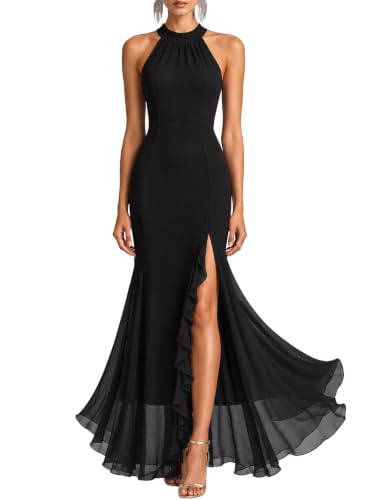Younrui Women's Halter Neck Slit Mesh Long Maxi Formal Dress-86-black-S
