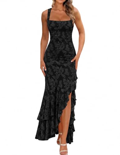 Women's Elegant Ruched Floral Maxi Wedding Guest Dress,S,Black