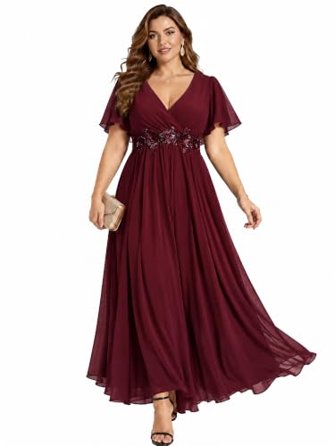 Ever-Pretty Plus Women's Chiffon Plus Size Formal Mother of Bride Dresses | V-Neck, Short Sleeve, Plus Size Mother of the Bride Dress Evening Dresses, Burgundy US24