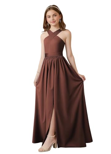 dideyttawl Halter Brown Jr Bridesmaid Dresses for Young Lady Cross Straps Satin Sleeveless Formal Special Occasion School Dance Prom Dress with Slit Size 10
