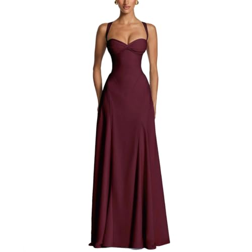 Loidumv Women's Elegant Sweetheart Neck Maxi Dress Spaghetti Strap Pleated A Line Formal Wedding Bridesmaid Party Dresses(Red,S)