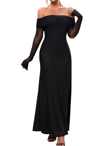 KUTUMAI Women Off Shoulder Long Sleeve Maxi Formal Wedding Guest Dress | Fall Elegant Bodycon Dresses for Bridesmaid Cocktail Party Prom