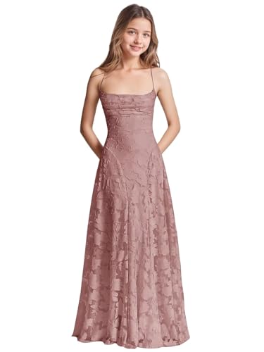 Qgeno Dusty Rose Jr Bridesmaid Dresses for Wedding Size 14-16 Long Floral Flower Girl Dress Lace Teen Prom Formal Party Gowns