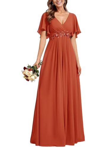 Ever-Pretty Women's Spring Short Sleeve Bridesmaid Dresses V-Neck Chiffon Ruched Empire Waist Appliques Long Formal Dress Burnt Orange US6