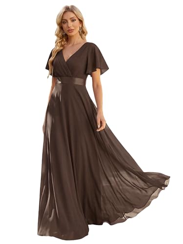 Ever-Pretty Women's Summer Short Sleeve Chiffon Empire Waist Floor Length Formal Bridesmaid Dress Mother of Bride Dresses Expresso US10 Coffee