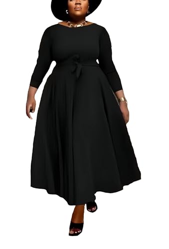 Plus Size Maxi Dress for Curvy Women Pockets Brunch Church Black Dresses | Wedding Guest,Party,Graduation,Casual A Line Flowy Swing Dresses,Stretchy,Self Tie Waist,3/4 Sleeve,Round Neck,XL-4XL