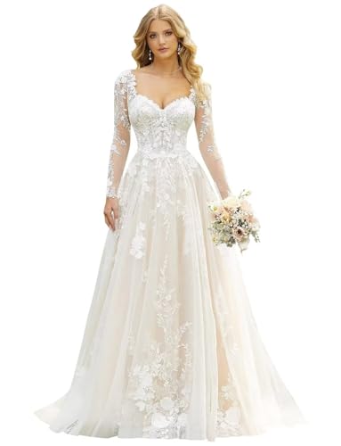 Lace Long Sleeves Wedding Dresses for Women V Neck Tulle Backless A Line Wedding Gown for Bride 2026 White 12
