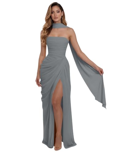 Neolt Strapless Long Prom Dresses Slit Chiffon Grey Bridesmaid Dress