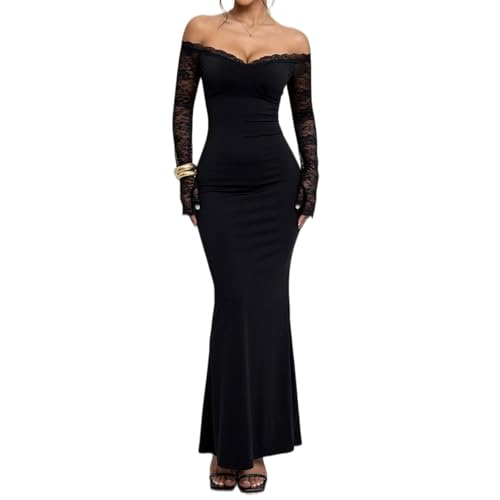 VTYFRY Coquette Balletcore Off Shoulder Lace Trim Maxi Dress for Women Sheer Long Sleeve Bodycon Gown for Party Date Night (X-Small) Black