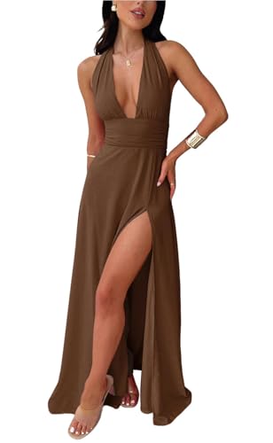 Women's Sexy Deep V Neck Halter High Split Backless Long Maxi Dress Coffee