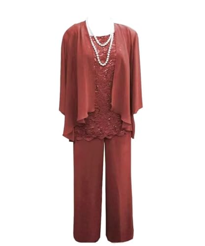 3 Pieces Mother of The Bride Dress Pant Suits with Jacket for Wedding Long Sleeve Lace Formal Outfits for Women PG028 Rust