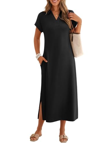 MEROKEETY Womens Maxi Dress Cap Sleeve V Neck T Shirt, Black, L