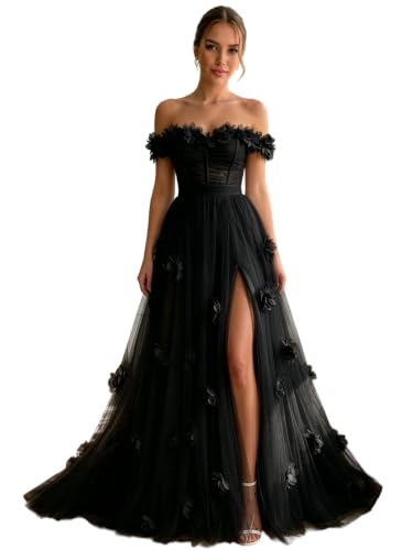 White 3D Floral Wedding Dress for Bride Off Shoulder Tulle Corset Bridal Gown with Slit Elegant Women's Prom Party Dress Black