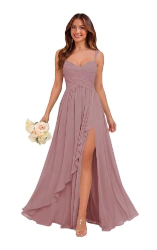 Banzany Pleated Chiffon Bridesmaid Dresses 2026 Sweetheart Corset Formal Prom Dress Ruffles A Line Long Wedding Guest Dress with Slit Mauve Size 4