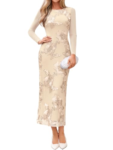 Simplee Womens Fall Wedding Guest Dresses Long Sleeve Bodycon Floral Dress | Semi Formal, Lace Flower Embroidered, Boat Neck, Mesh Tulle Sleeve, Evening Party, Long Formal Dress, Bridal Shower, Cocktail