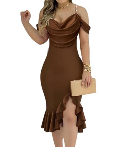 CHICME Womens Cocktail Dresses Pearls Strap Bodycon Midi Dress-Coffee-XL