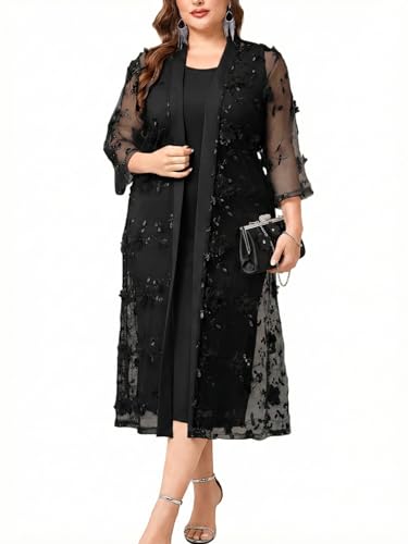 TIARALY Plus Size Mother of The Bride Formal 2 Piece Dress Set with 3D Floral Mesh Jacket Dressy Suit Outfits Guest, Black, 3X