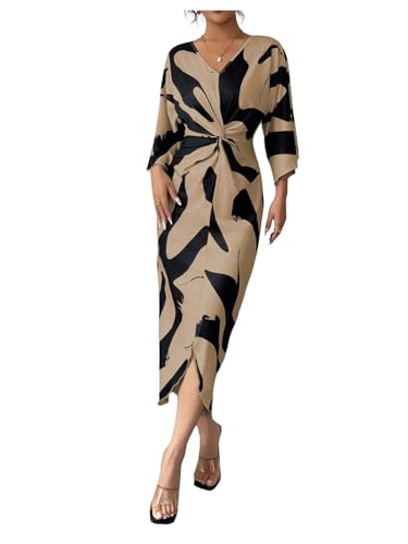 SweatyRocks Women's Twist Front V Neck Cow Print Long Dress Elegant 3/4 Ruffle Sleeve Cocktail Dresses Black and Khaki Medium