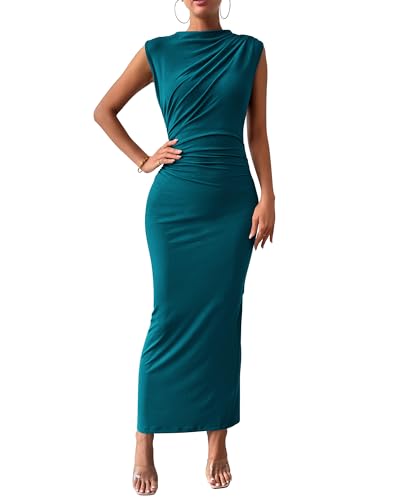 BTFBM Women Ruched Bodycon Maxi Dresses Summer Casual,Dark Blue,S | Sleeveless, Lightweight, Back Slit, Date Night Going Out Outfits, Elegant Homecoming Formal Cocktail Wedding Guest Dress 2026