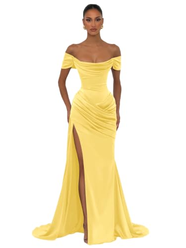 PHFFEC Corset Bridesmaid Dresses for Women Yellow Cowl Neck Satin Mermaid Formal Evening Dress for Wedding US4