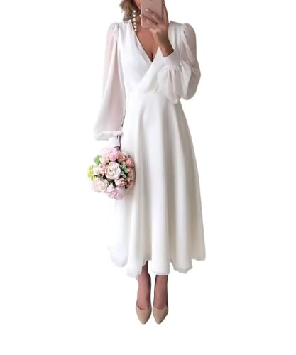 KIRGNT Women's Long Sleeve Simple Wedding Dresses for Bride Chiffon V Neck A Line White Tea Length Bridal Reception Shower Dress US16