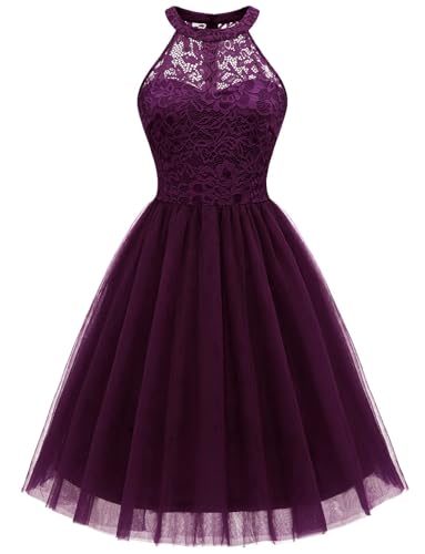 Dressystar Women's Short Halter Cocktail Party Dress Lace Tulle Homecoming Prom Gown Purple S