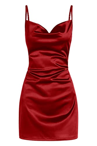 ZAFUL Women Satin Cowl Neck Spaghetti Strap Mini Slip Cocktail Dress | Silky Satin Club Party Dress Perfect for Club Evening Party Homecoming Wedding and Night Out