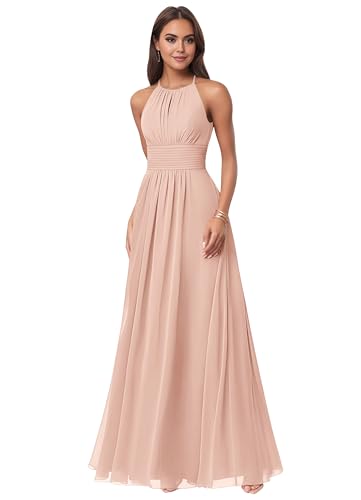 Halter Blush Pink Bridesmaid Dresses for Wedding Long Chiffon Sleeveless Maid of Honor Dress for Women US8