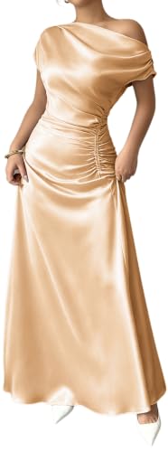 Formal Champagne Satin Off Shoulder Ruched Waist Maxi Sexy Evening DressXXL