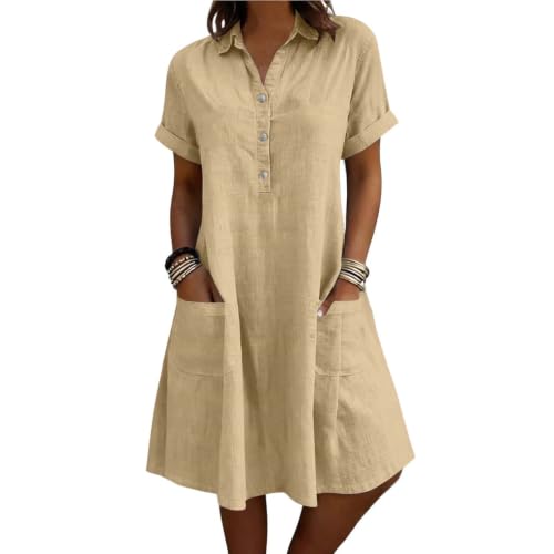 Shirt Dress for Women Short Sleeve Button Up Casual Midi with Pockets Khaki