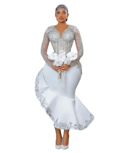 YiMinpwp Mermaid Satin Wedding Dress for Bride Tea Length Arabic Crystal Beaded Applique Bridal Dresses 2026 ASO EBI Civil Ruffles African Bridal Gowns White Size 12