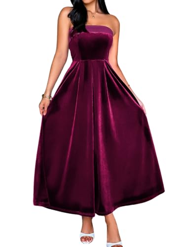 Kaei&Shi Womens Velvet Strapless Formal Maxi Dress Burgundy M