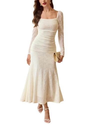 Womens Fall Long Sleeve Lace Wedding Dress for Bride Beige S | Fall Wedding Guest Dresses For Women, Square Neck Slim Fit, Extra-Long Sleeve, Vintage Lace Dress