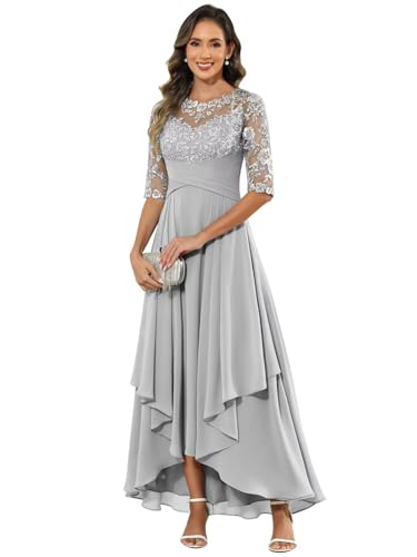 Uaqhic High End Mother of Bride Dress Lace Tea Length 3/4 Sleeves Silver Mother of The Groom Dresses for Wedding Size 10