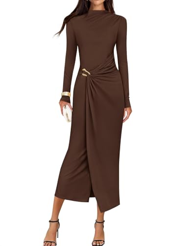 ZESICA Womens Fall Long Sleeve Wedding Guest Midi Dresses Brown M