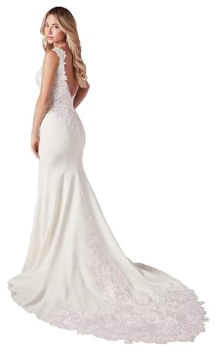 Sexy Mermaid Tulle Wedding Dresses for Bride Lace Trumpet V Neck Long Bridal Dress with Train Ivory 12