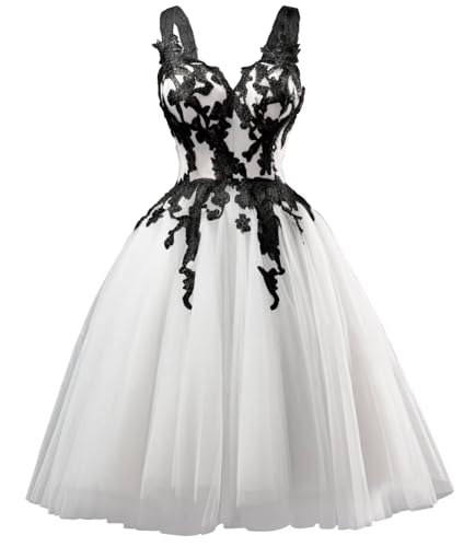 Mauuwy Gothic Black Wedding Dresses for Bride Simple Spaghetti Straps Wedding Gown Tea Length Bridal Dress White Size 8