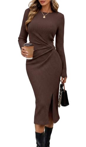 Long Sleeve Dress for Women Fall Wedding Guest Dress Holiday Brown Dress M