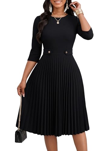 Nmoder Pleated Midi Dresses for Women A-Line Church Dress with Pockets | Fit and flare, 3/4 sleeve, crew neck, empire waist, elegant style for work office business casual wedding guest party