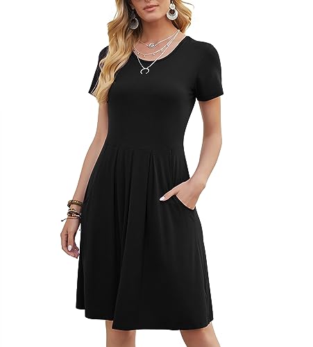 DouBCQ Women's Casual Short Sleeve Flowy Pleated Dresses 0-Black L