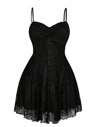 BEAUDRM Women's Plus Size Lace Gothic Dress Goth Grunge Mini Dress Ruffle Short Sundresses Black 3X-Large Plus
