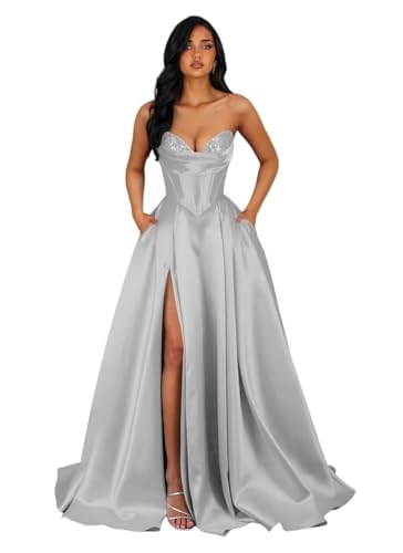 Tianzhihe Satin Long A Line Sparkly Pockets Strapless Silver Prom Dresses
