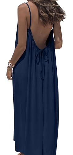 OFEEFAN Summer Dresses for Women 2026 Maxi Dress Sundresses Casual Backless Cami Dress Plus Size Dresses Spaghetti Straps Flowy Beach Vacation Clothes Navy Blue 2XL