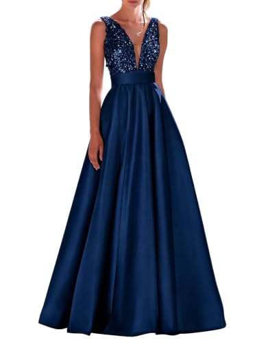 Liopus Satin Prom Dress Long V Neck Sequin Formal Gown Navy Blue US10