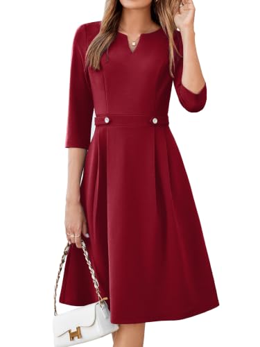 Simplee Women 3/4 Sleeve Work Business Casual Office Dress | Elegant Classy Church, A Line Fit and Flare, V Neck High Waist, Knee Length, with Pockets, Cocktail Professional Wine Red