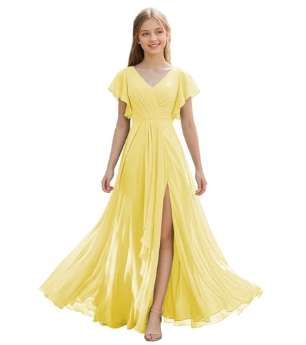 FLwuhui V-Neck Junior Bridesmaid Dress for Wedding Girls Bridesmaid Dresses Yellow Wedding Party Gowns US15