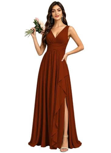 V Neck Terracotta Bridesmaid Dresses Long with Slit Chiffon Formal Dress for Women Sleeveless US2