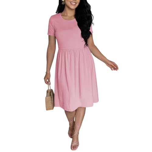 Ulovmi Women's Casual Short Sleeve A-Line Midi Dress Crew Neck Flowy Swing Dress with Pockets for Summer Everyday Wear-Pink-XXL