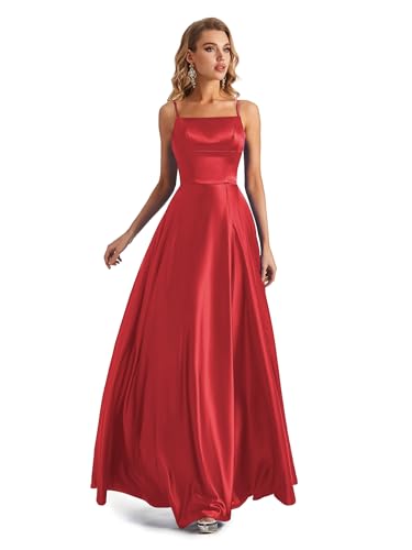 Satin Slit Spaghetti Strap Prom Dress Red Size 4