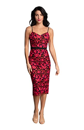 Dress the Population Women's Emma Sweetheart Neck Embroidered Midi Dress, Fuchsia Multi, Large